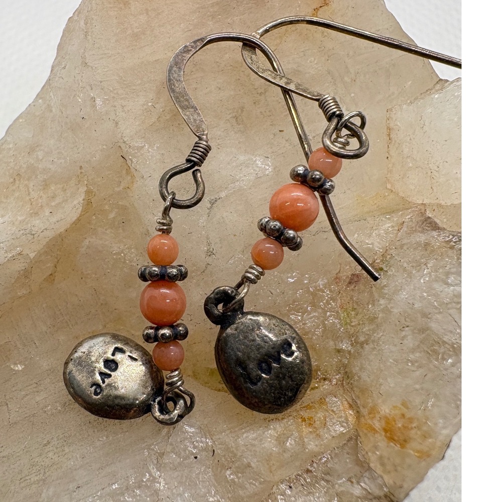 Vintage Sterling Silver Love Charm Coral Bead Drop Earrings Boho Dangle 925